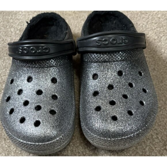 Crocs Silver Glitter Black Cozy Lined Clogs Womens 7 - Picture 1 of 4